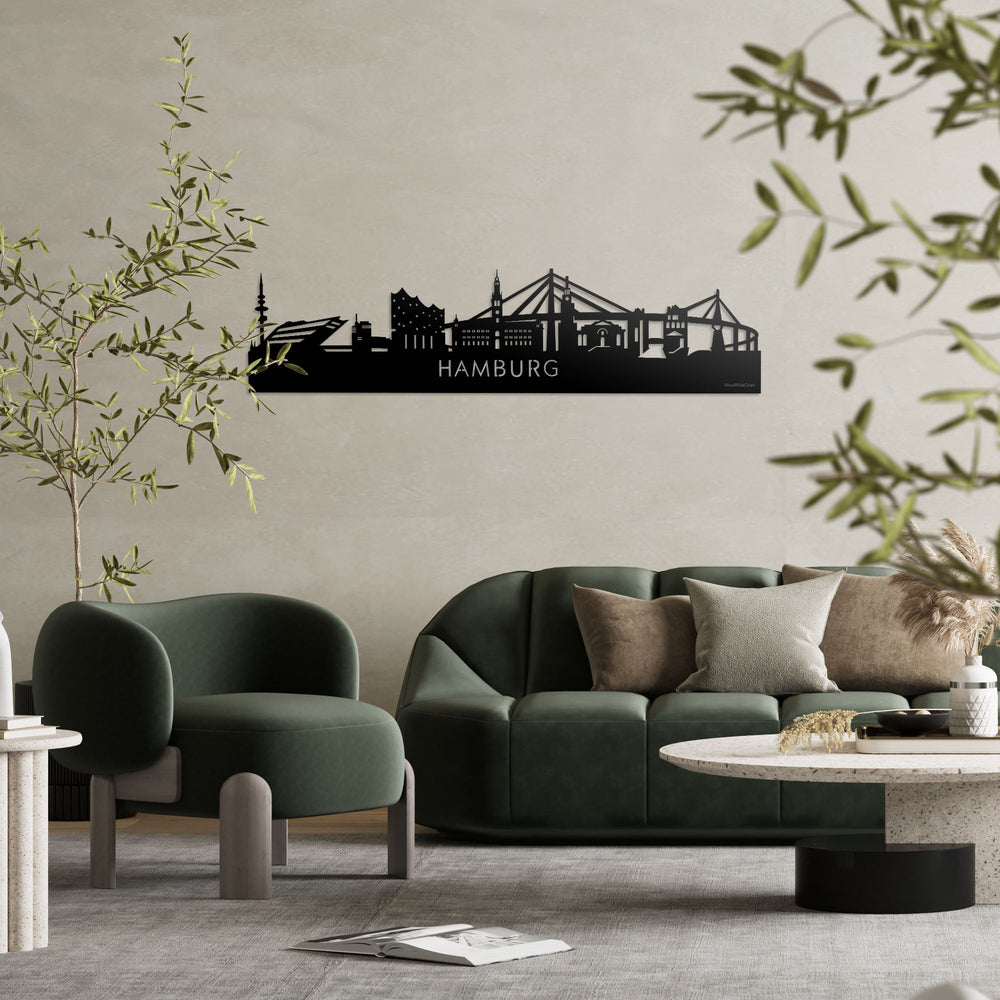 Skyline Hamburg Zwart glanzend gerecycled kunststof cadeau decoratie relatiegeschenk van WoodWideCities