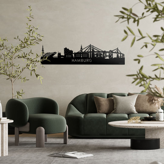 Skyline Hamburg Zwart glanzend gerecycled kunststof cadeau decoratie relatiegeschenk van WoodWideCities