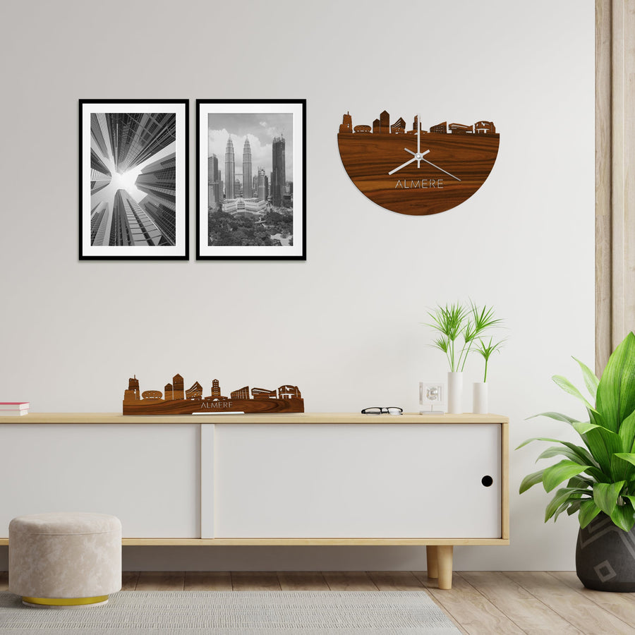 Skyline Klok Almere Palissander houten cadeau wanddecoratie relatiegeschenk van WoodWideCities