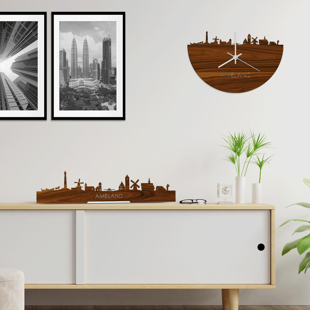 Skyline Klok Ameland Palissander houten cadeau wanddecoratie relatiegeschenk van WoodWideCities