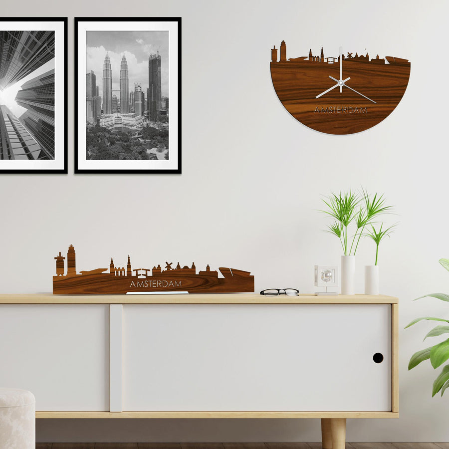 Skyline Klok Amsterdam Palissander houten cadeau wanddecoratie relatiegeschenk van WoodWideCities