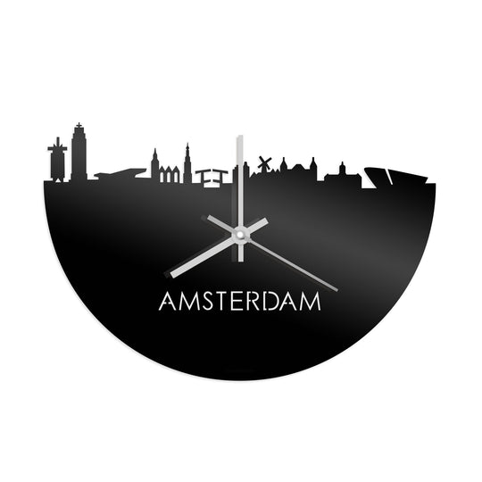 Skyline Klok Amsterdam Zwart glanzend gerecycled kunststof cadeau wanddecoratie relatiegeschenk van WoodWideCities