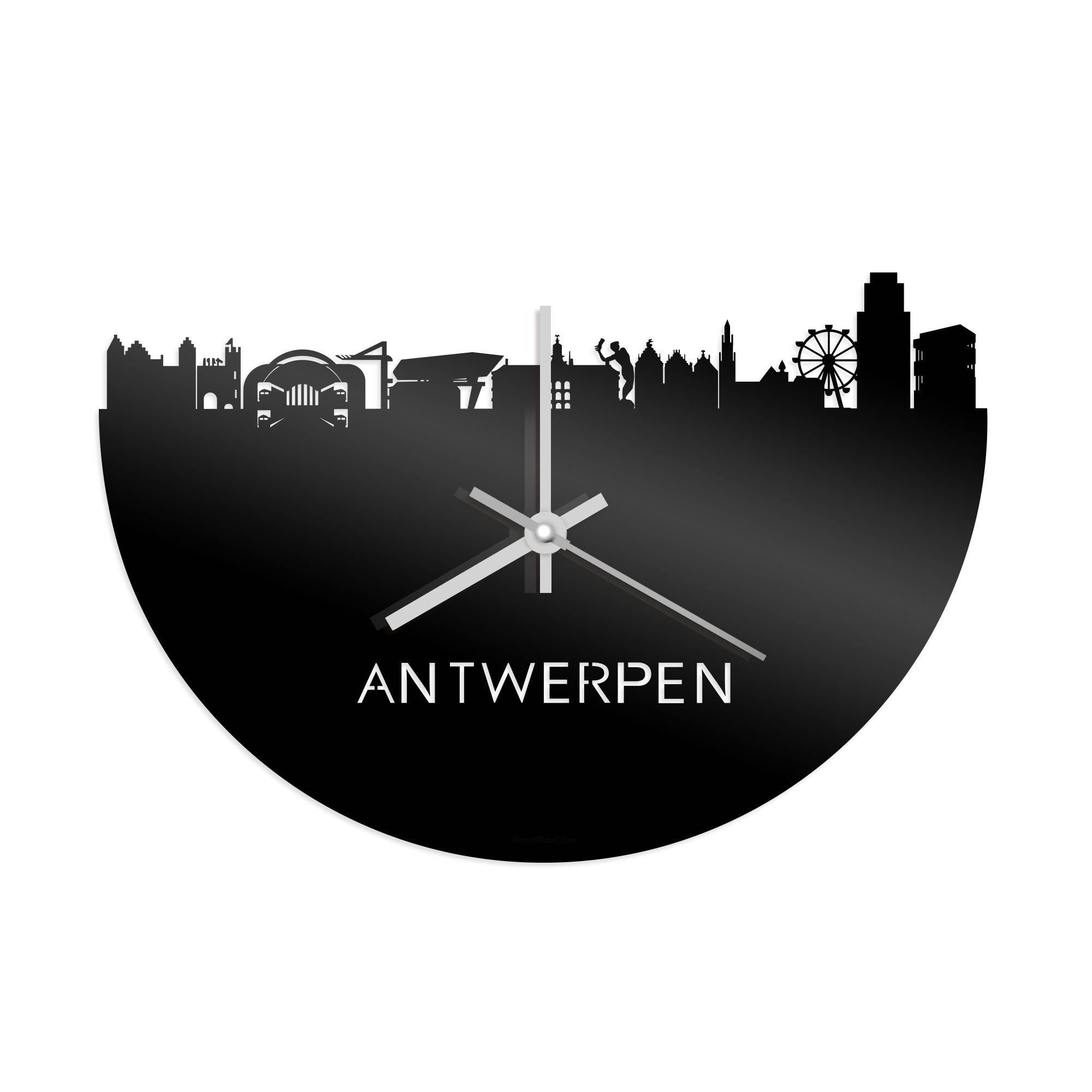 Skyline Klok Antwerpen Zwart glanzend gerecycled kunststof cadeau wanddecoratie relatiegeschenk van WoodWideCities