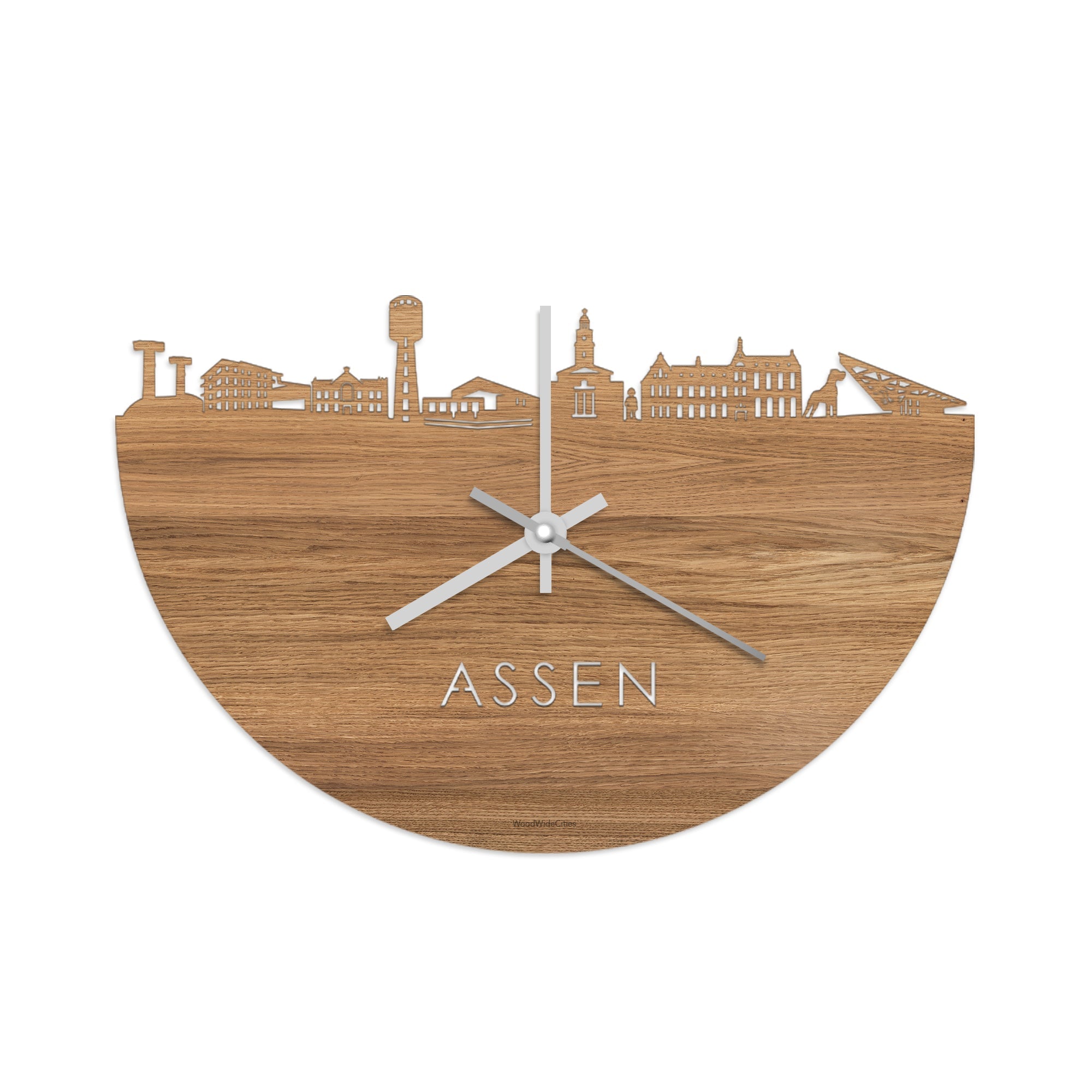 Skyline Klok Assen Eiken houten cadeau wanddecoratie relatiegeschenk van WoodWideCities