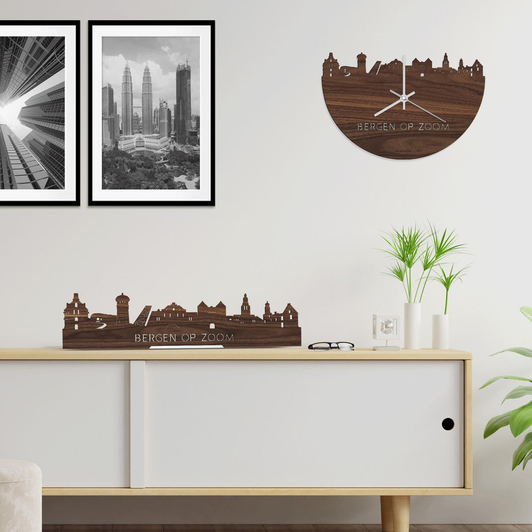 Skyline Klok Bergen op Zoom Noten houten cadeau wanddecoratie relatiegeschenk van WoodWideCities