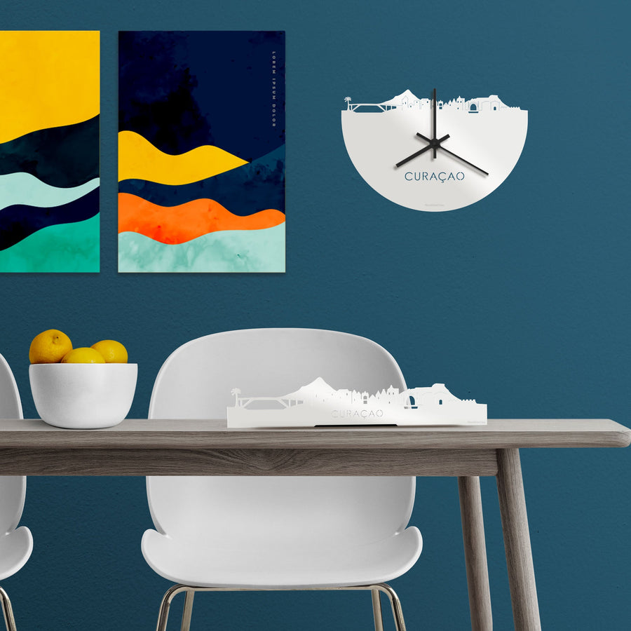 Skyline Klok Curaçao Wit glanzend gerecycled kunststof cadeau wanddecoratie relatiegeschenk van WoodWideCities