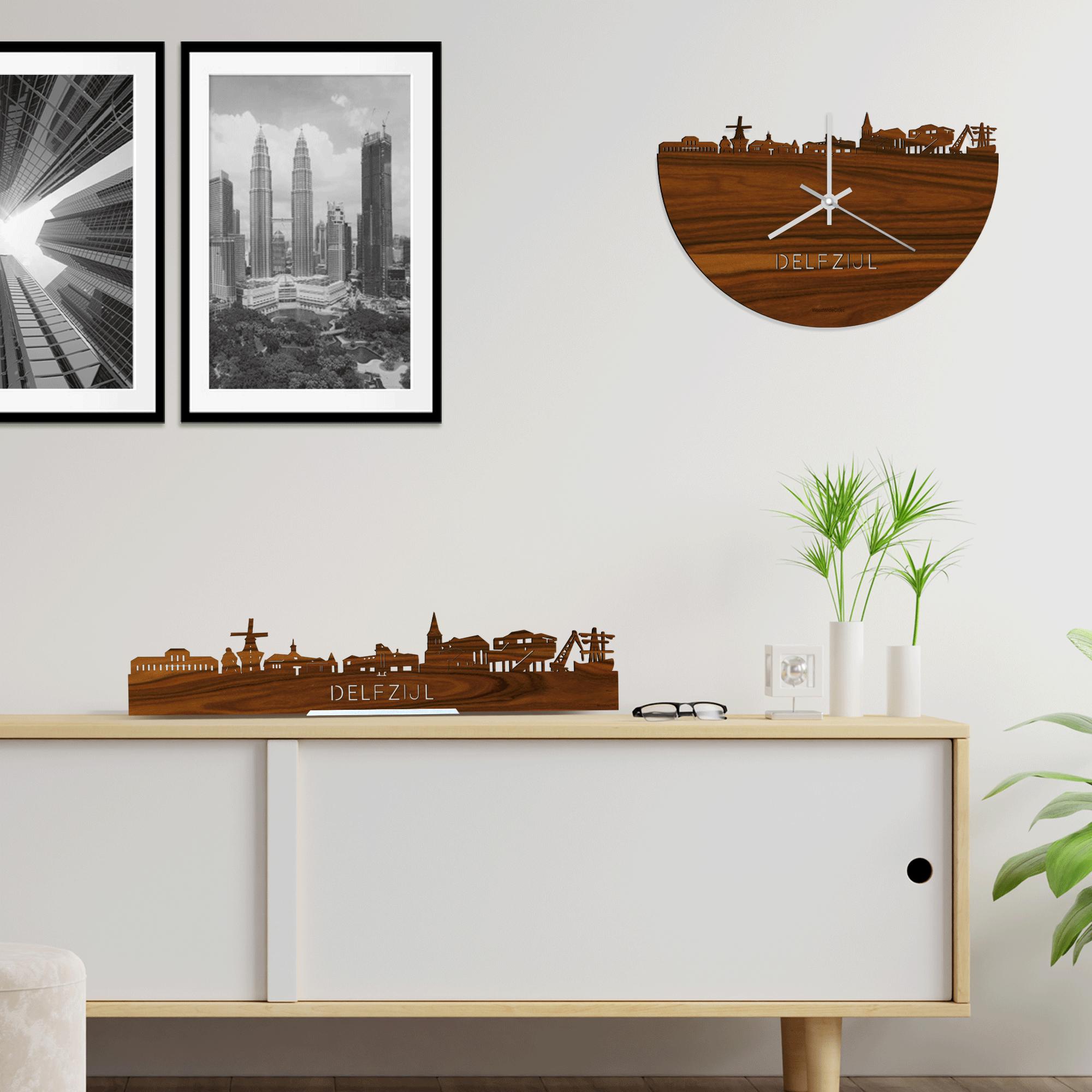 Skyline Klok Delfzijl Palissander houten cadeau wanddecoratie relatiegeschenk van WoodWideCities