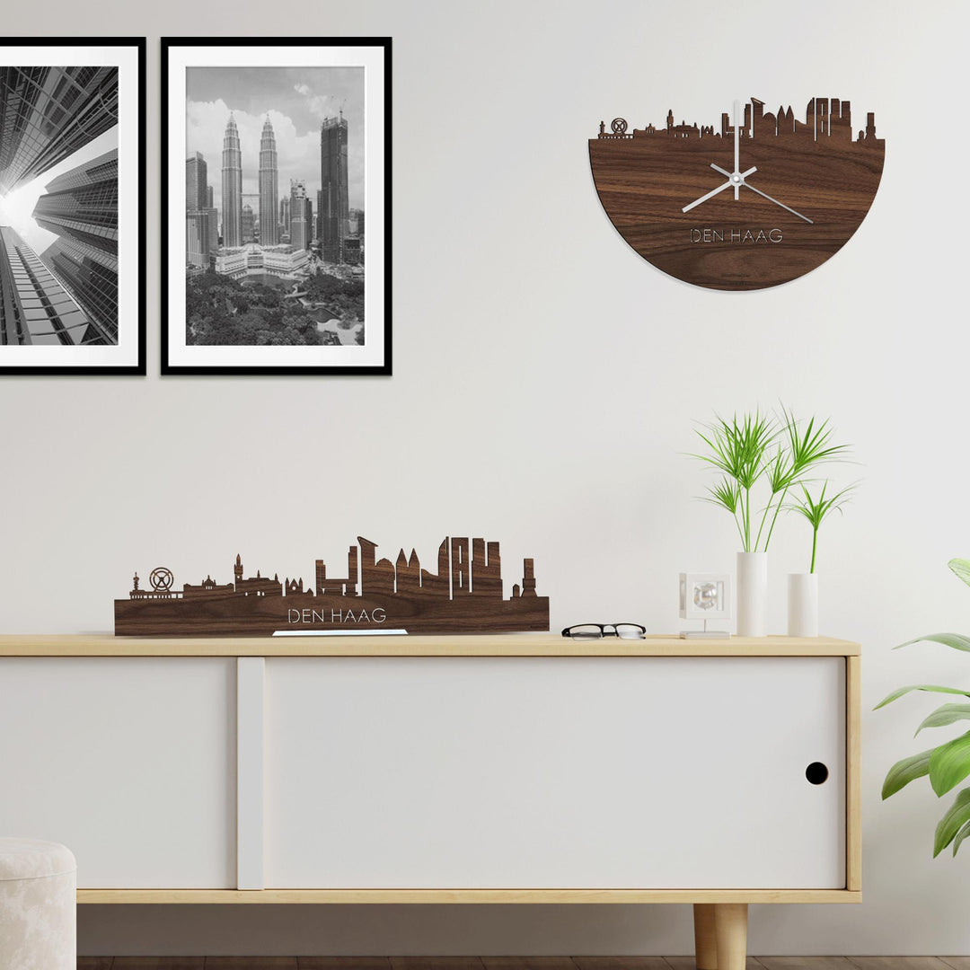 Skyline Klok Den Haag Noten houten cadeau wanddecoratie relatiegeschenk van WoodWideCities