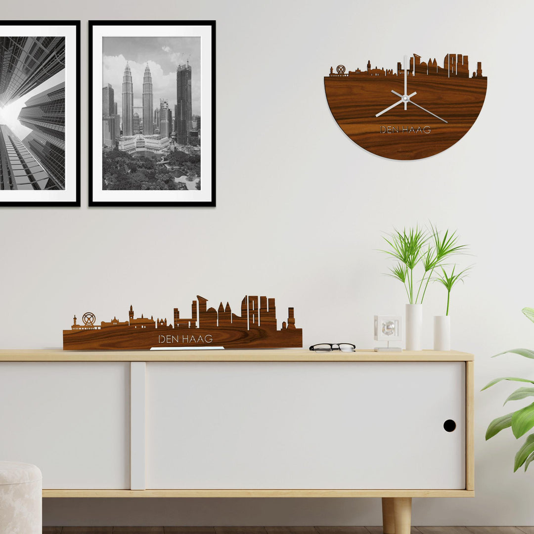 Skyline Klok Den Haag Palissander houten cadeau wanddecoratie relatiegeschenk van WoodWideCities