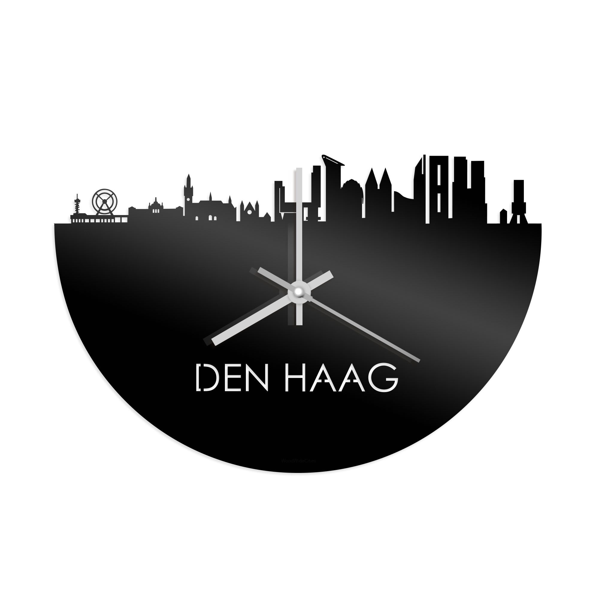Skyline Klok Den Haag Zwart glanzend gerecycled kunststof cadeau wanddecoratie relatiegeschenk van WoodWideCities