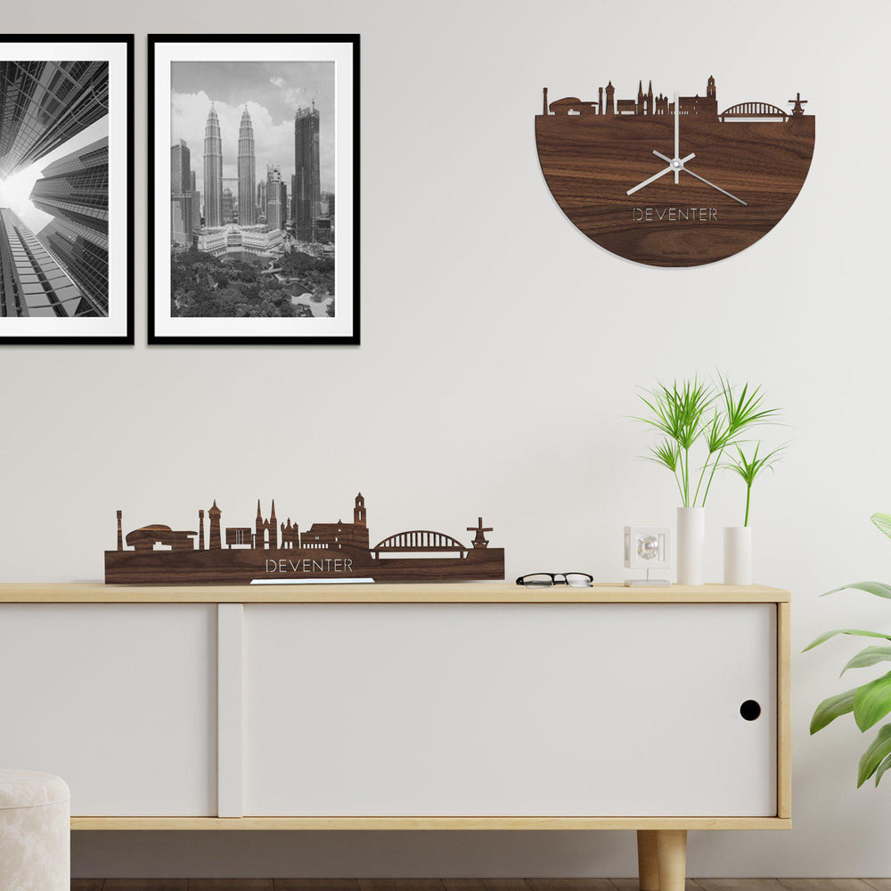 Skyline Klok Deventer Noten houten cadeau wanddecoratie relatiegeschenk van WoodWideCities