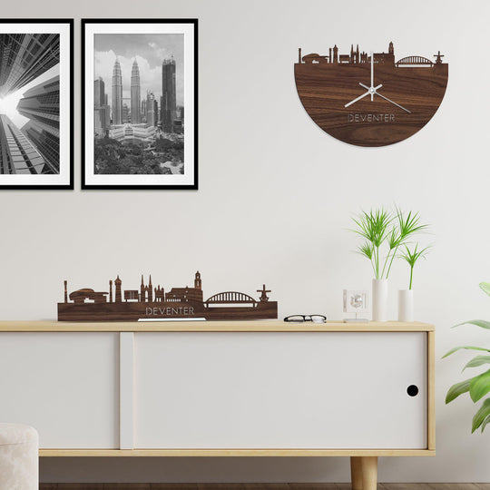 Skyline Klok Deventer Noten houten cadeau wanddecoratie relatiegeschenk van WoodWideCities