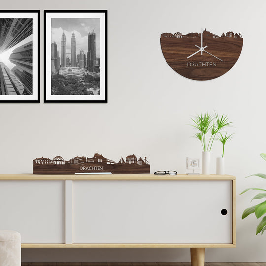 Skyline Klok Drachten Noten houten cadeau wanddecoratie relatiegeschenk van WoodWideCities