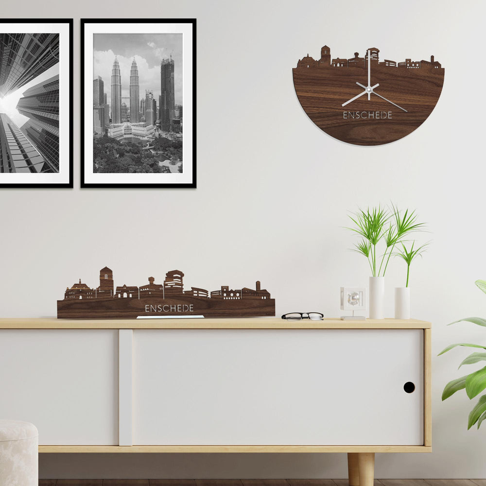 Skyline Klok Enschede Noten houten cadeau wanddecoratie relatiegeschenk van WoodWideCities