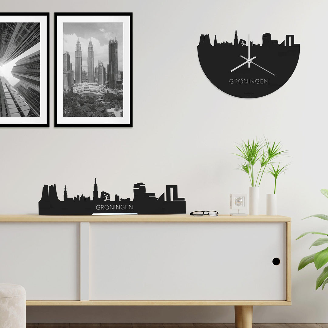 Skyline Klok Groningen Black houten cadeau wanddecoratie relatiegeschenk van WoodWideCities