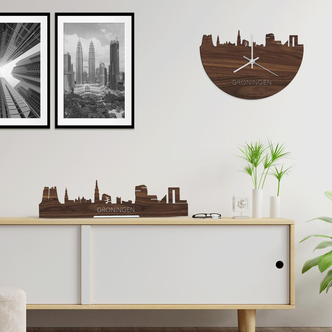 Skyline Klok Groningen Noten houten cadeau wanddecoratie relatiegeschenk van WoodWideCities