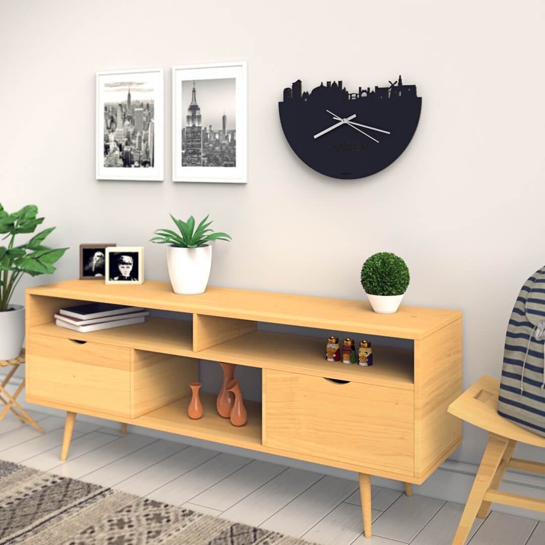 Skyline Klok Haarlem Black houten cadeau wanddecoratie relatiegeschenk van WoodWideCities