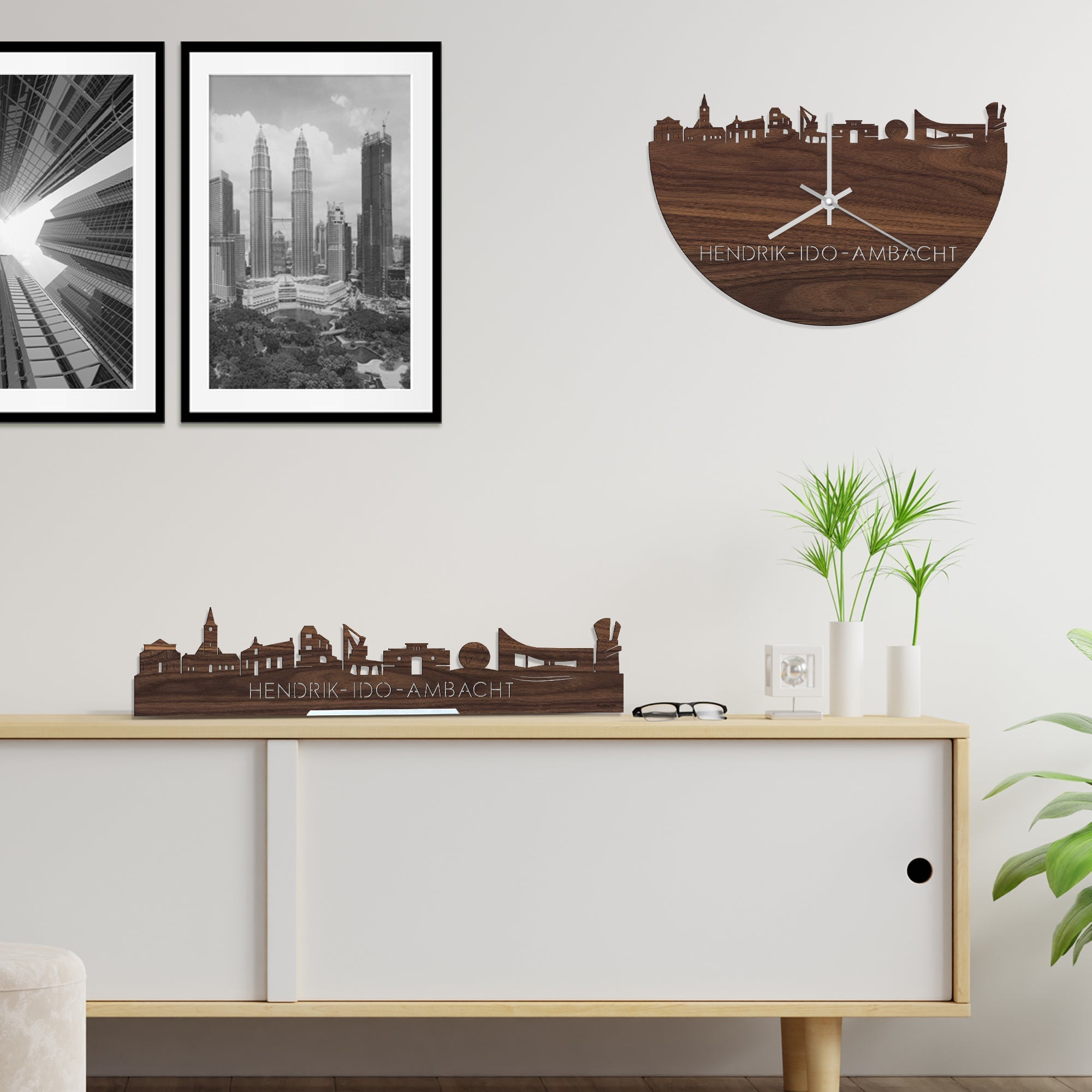 Skyline Klok Hendrik-Ido-Ambacht Noten houten cadeau wanddecoratie relatiegeschenk van WoodWideCities
