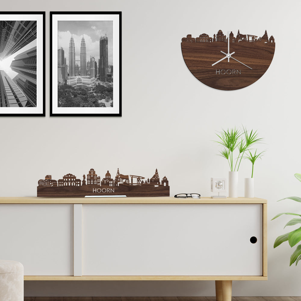 Skyline Klok Hoorn Noten houten cadeau wanddecoratie relatiegeschenk van WoodWideCities