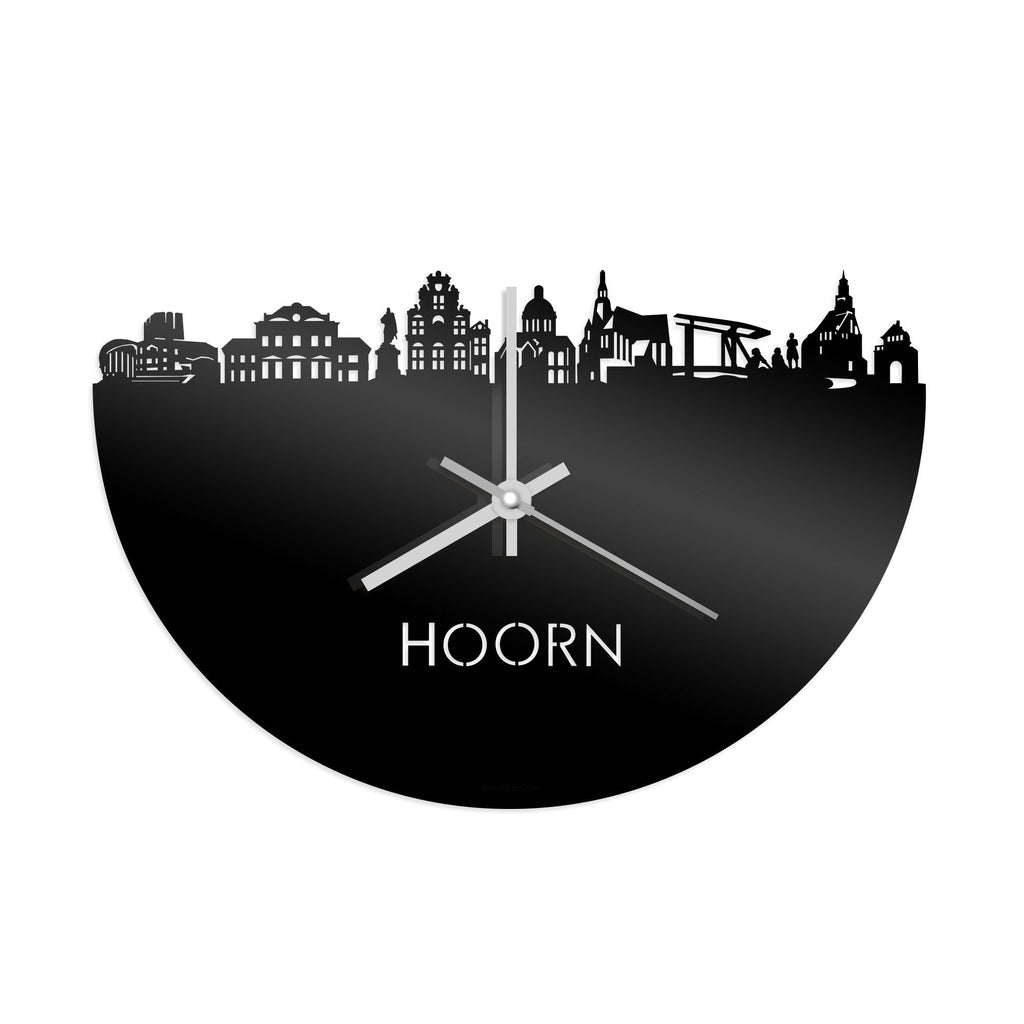 Skyline Klok Hoorn Zwart glanzend gerecycled kunststof cadeau wanddecoratie relatiegeschenk van WoodWideCities