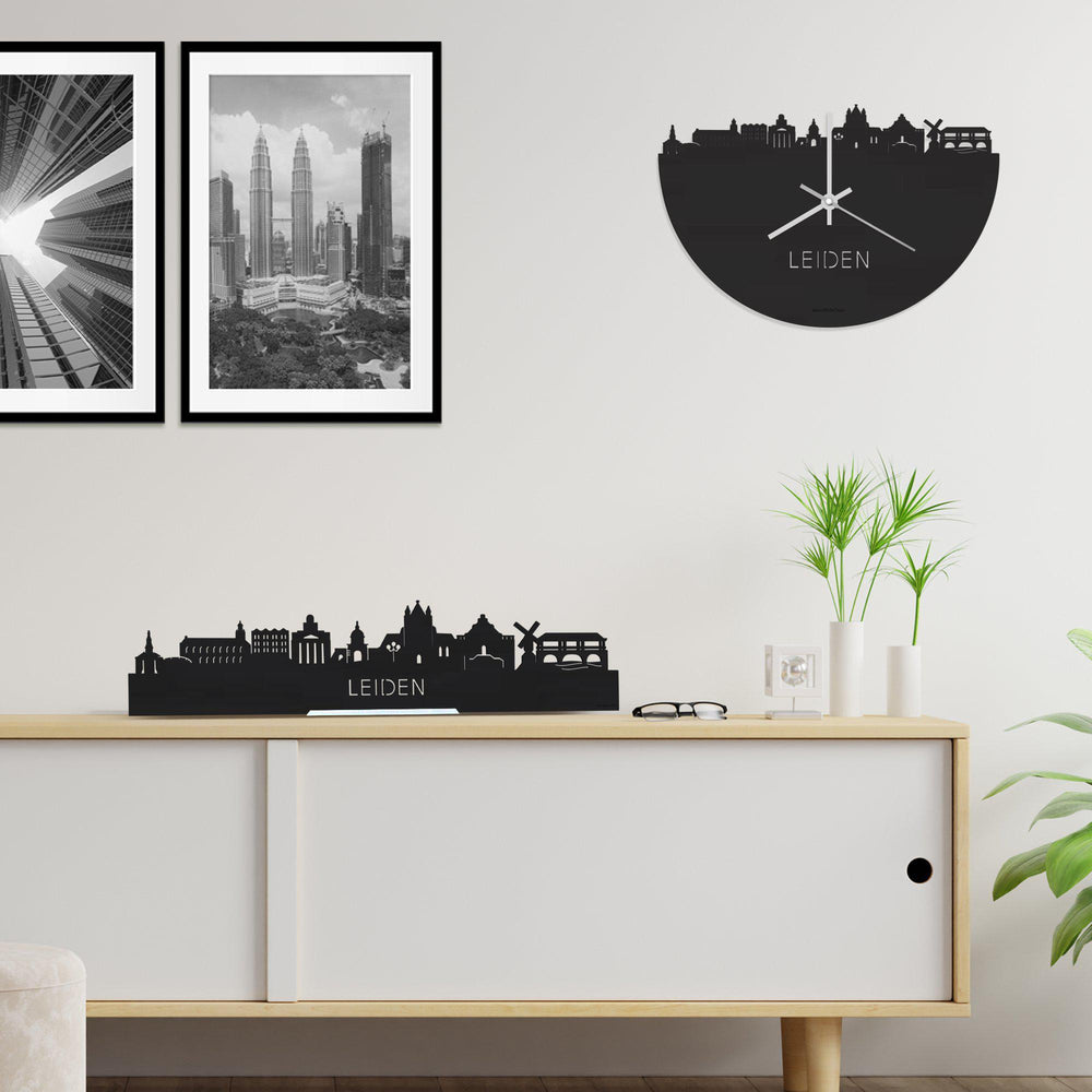 Skyline Klok Leiden Black houten cadeau wanddecoratie relatiegeschenk van WoodWideCities