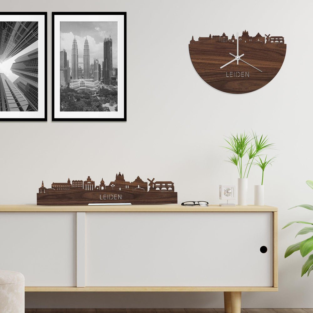 Skyline Klok Leiden Noten houten cadeau wanddecoratie relatiegeschenk van WoodWideCities