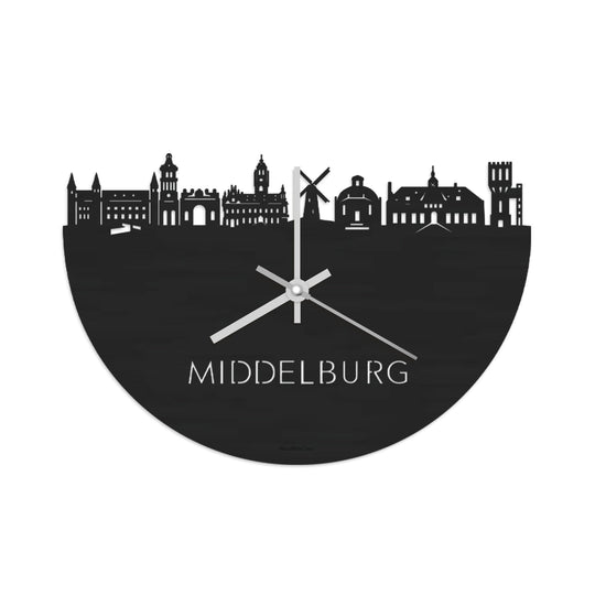 Skyline Klok Middelburg Black Zwart houten cadeau wanddecoratie relatiegeschenk van WoodWideCities