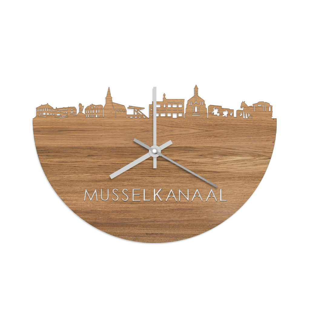 Skyline Klok Musselkanaal Eiken houten cadeau wanddecoratie relatiegeschenk van WoodWideCities