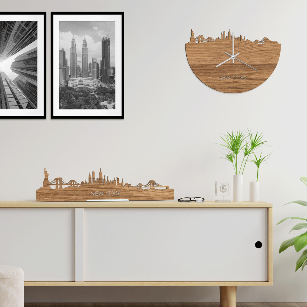 Skyline Klok New York Eiken houten cadeau wanddecoratie relatiegeschenk van WoodWideCities