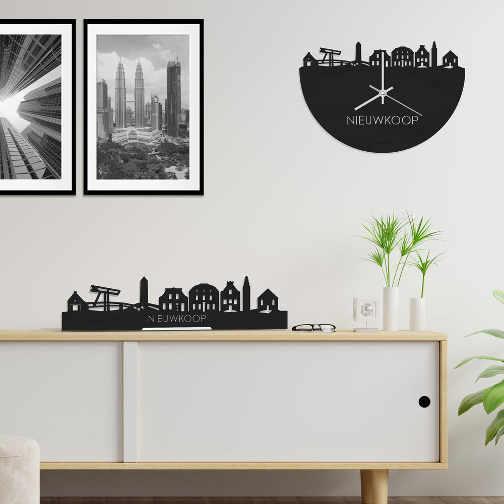Skyline Klok Nieuwkoop Black Zwart houten cadeau wanddecoratie relatiegeschenk van WoodWideCities