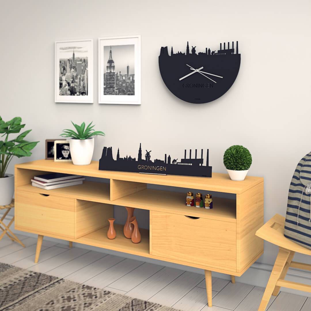 Skyline Klok Oud Groningen Black houten cadeau wanddecoratie relatiegeschenk van WoodWideCities