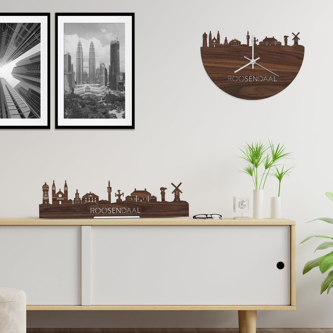 Skyline Klok Roosendaal Noten houten cadeau wanddecoratie relatiegeschenk van WoodWideCities