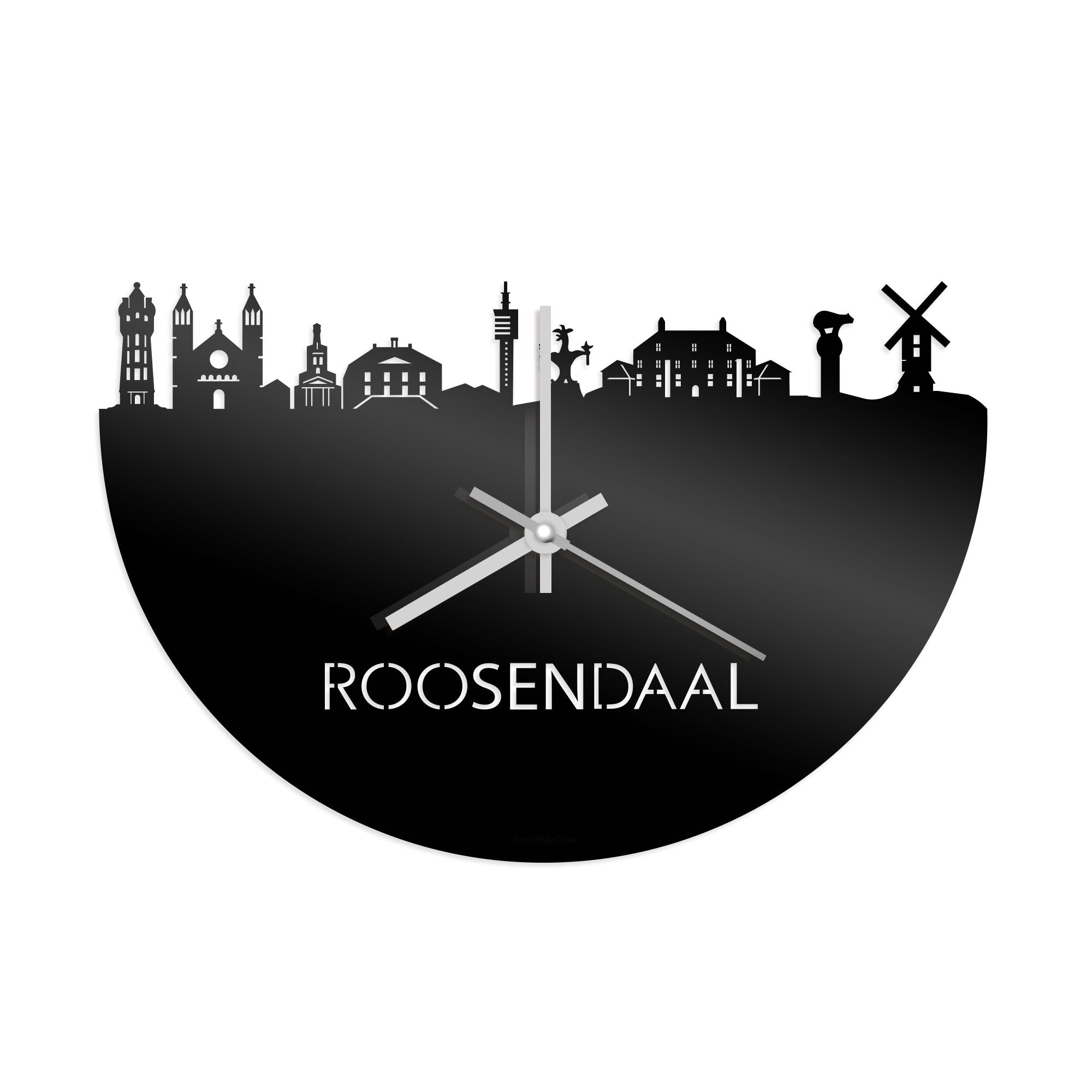 Skyline Klok Roosendaal Zwart glanzend gerecycled kunststof cadeau wanddecoratie relatiegeschenk van WoodWideCities