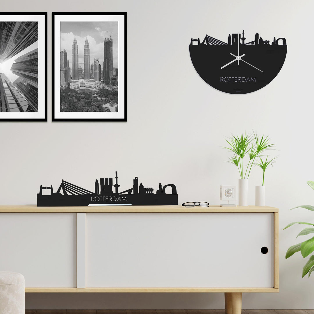 Skyline Klok Rotterdam Black houten cadeau wanddecoratie relatiegeschenk van WoodWideCities