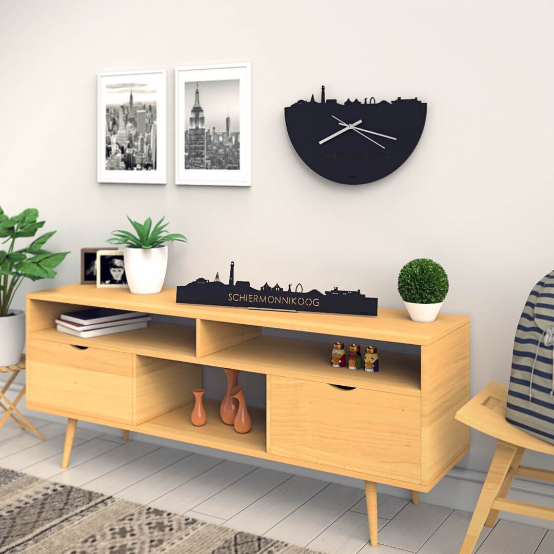 Skyline Klok Schiermonnikoog Black Zwart houten cadeau wanddecoratie relatiegeschenk van WoodWideCities