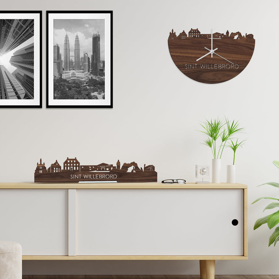 Skyline Klok Sint Willebrord Noten houten cadeau wanddecoratie relatiegeschenk van WoodWideCities