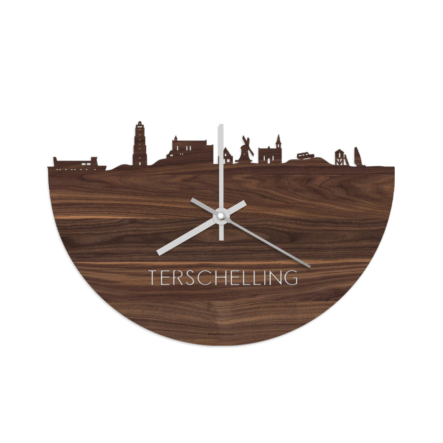 Skyline Klok Terschelling Noten houten cadeau wanddecoratie relatiegeschenk van WoodWideCities