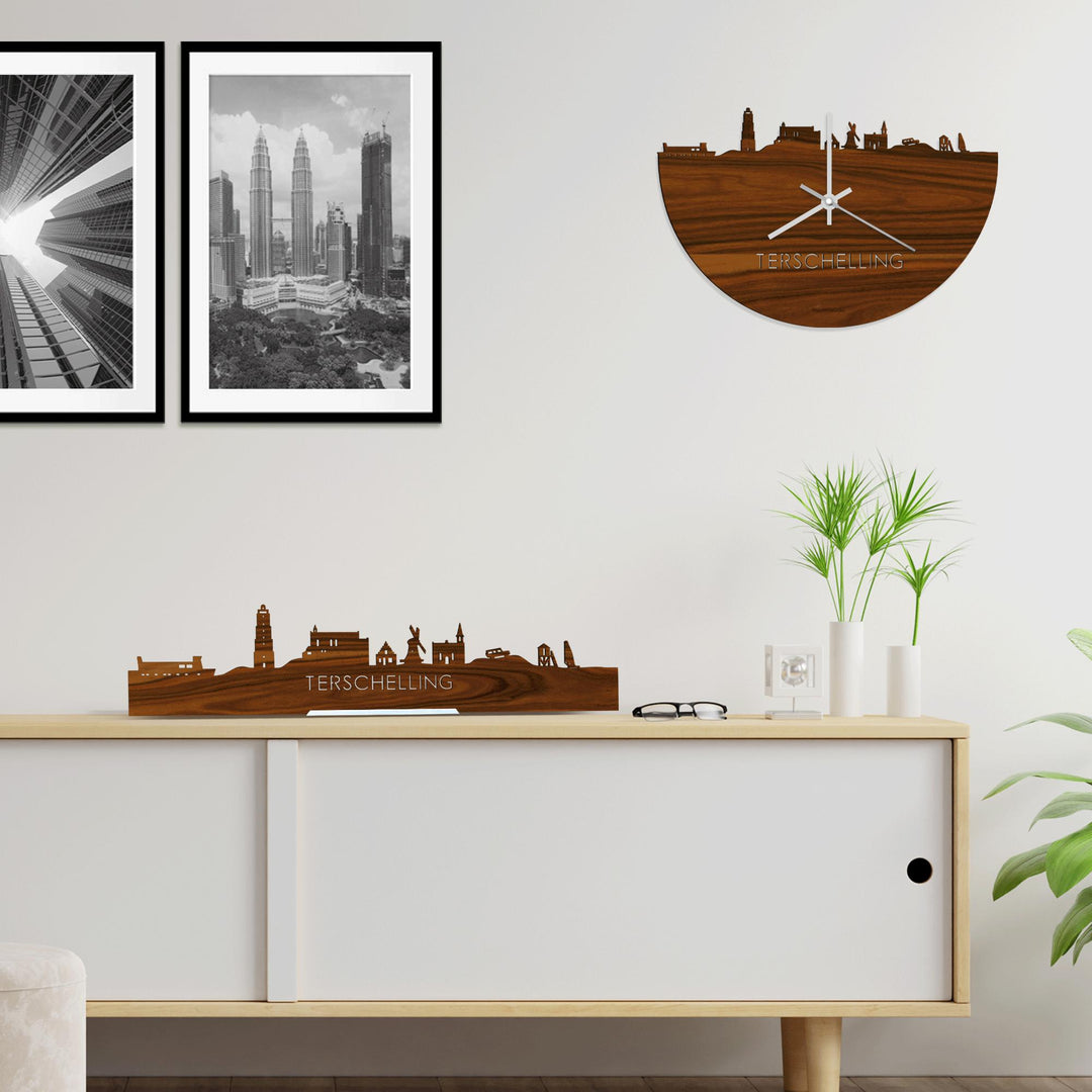 Skyline Klok Terschelling Palissander houten cadeau wanddecoratie relatiegeschenk van WoodWideCities