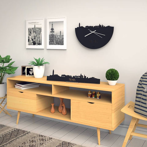 Skyline Klok Texel Black Zwart houten cadeau wanddecoratie relatiegeschenk van WoodWideCities
