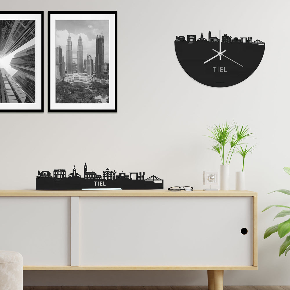 Skyline Klok Tiel Black Zwart houten cadeau wanddecoratie relatiegeschenk van WoodWideCities