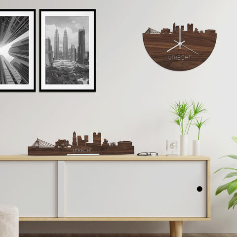 Skyline Klok Utrecht Noten houten cadeau wanddecoratie relatiegeschenk van WoodWideCities