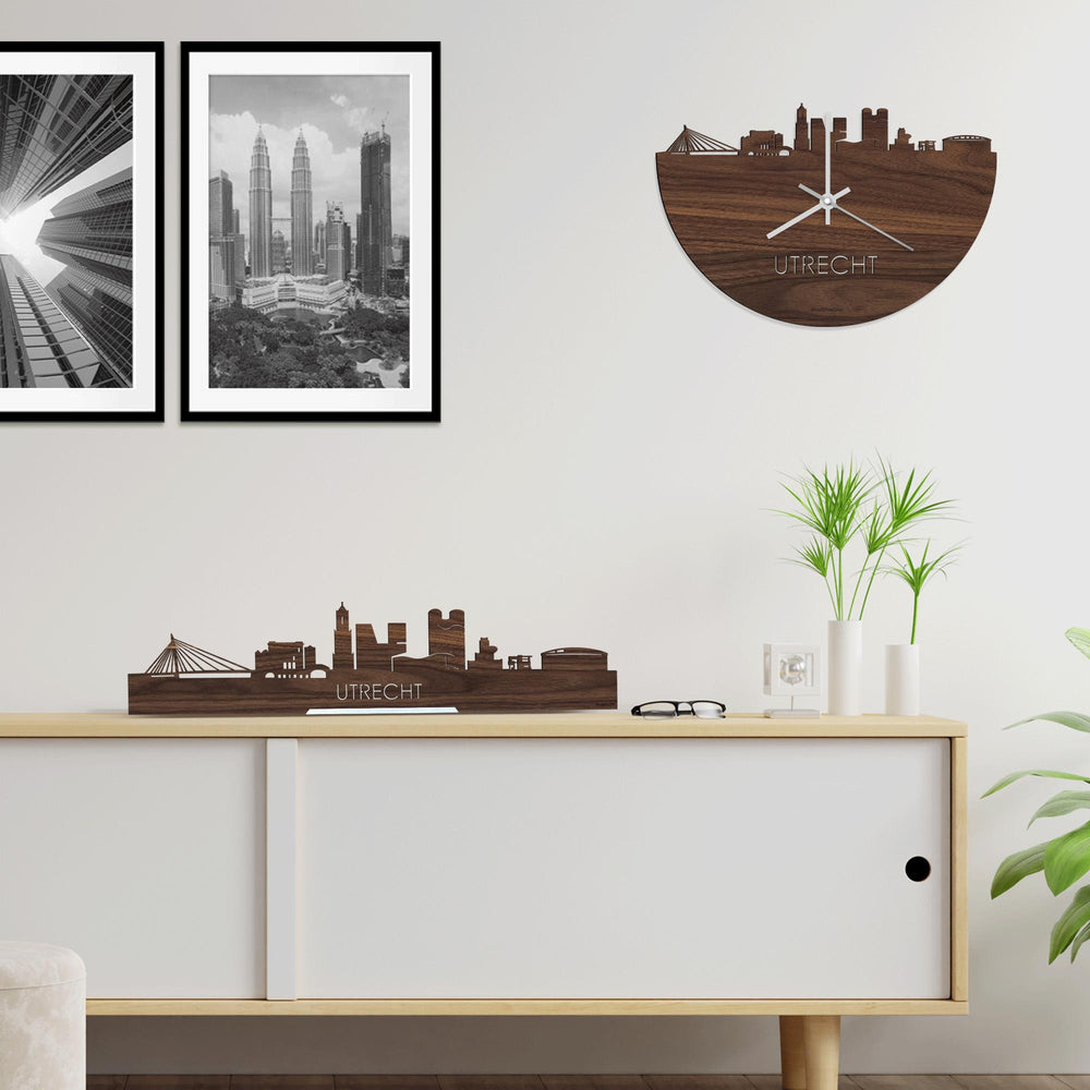 Skyline Klok Utrecht Noten houten cadeau wanddecoratie relatiegeschenk van WoodWideCities