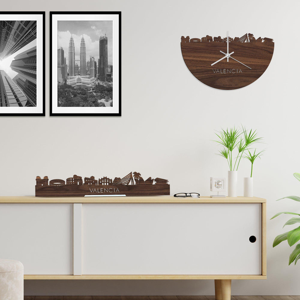 Skyline Klok Valencia Noten houten cadeau wanddecoratie relatiegeschenk van WoodWideCities