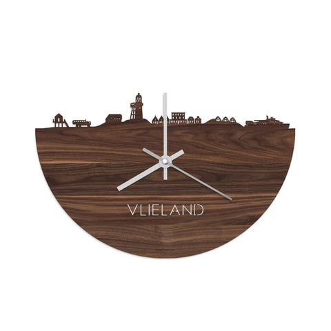 Skyline Klok Vlieland Noten houten cadeau wanddecoratie relatiegeschenk van WoodWideCities