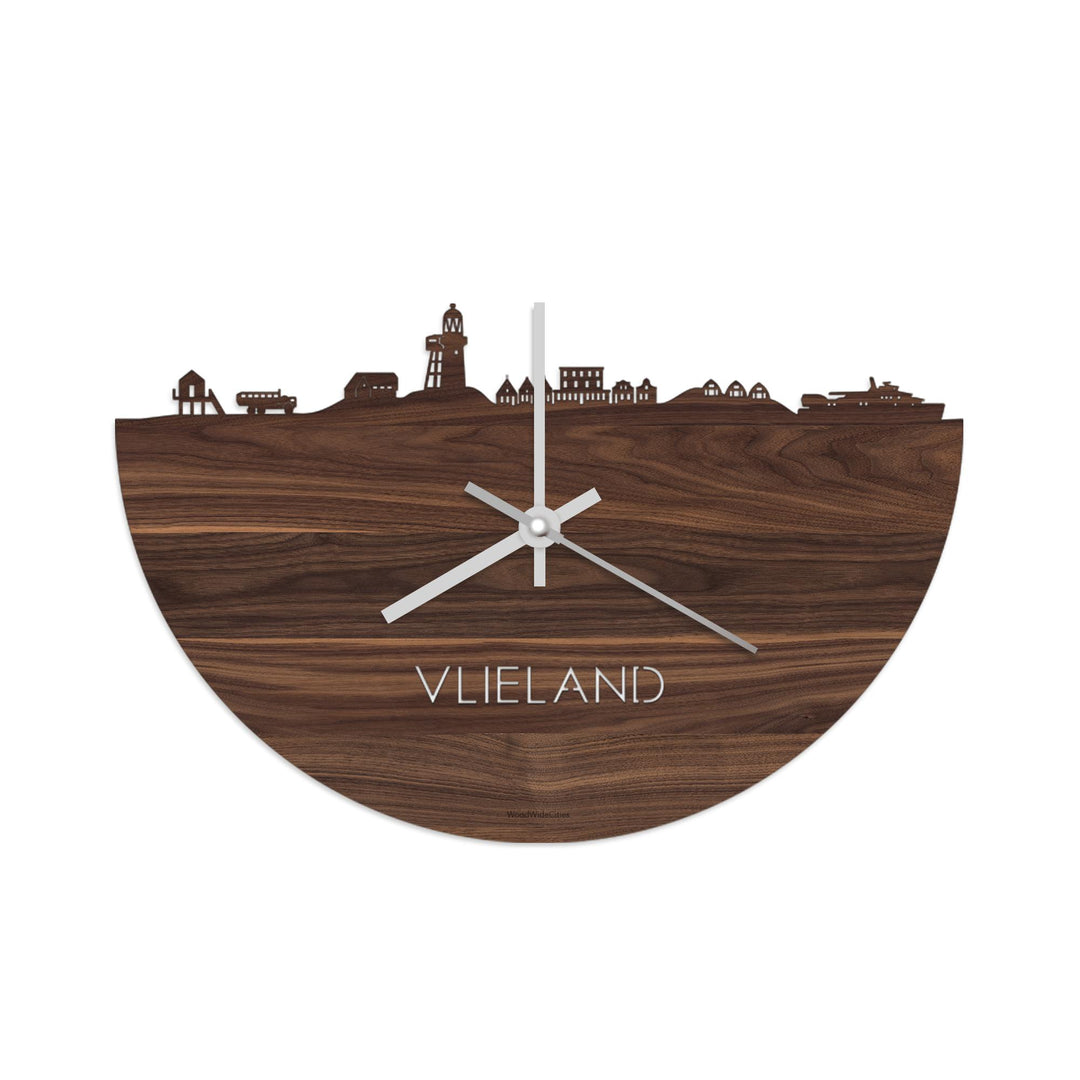 Skyline Klok Vlieland Noten houten cadeau wanddecoratie relatiegeschenk van WoodWideCities