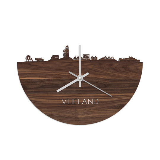 Skyline Klok Vlieland Noten houten cadeau wanddecoratie relatiegeschenk van WoodWideCities