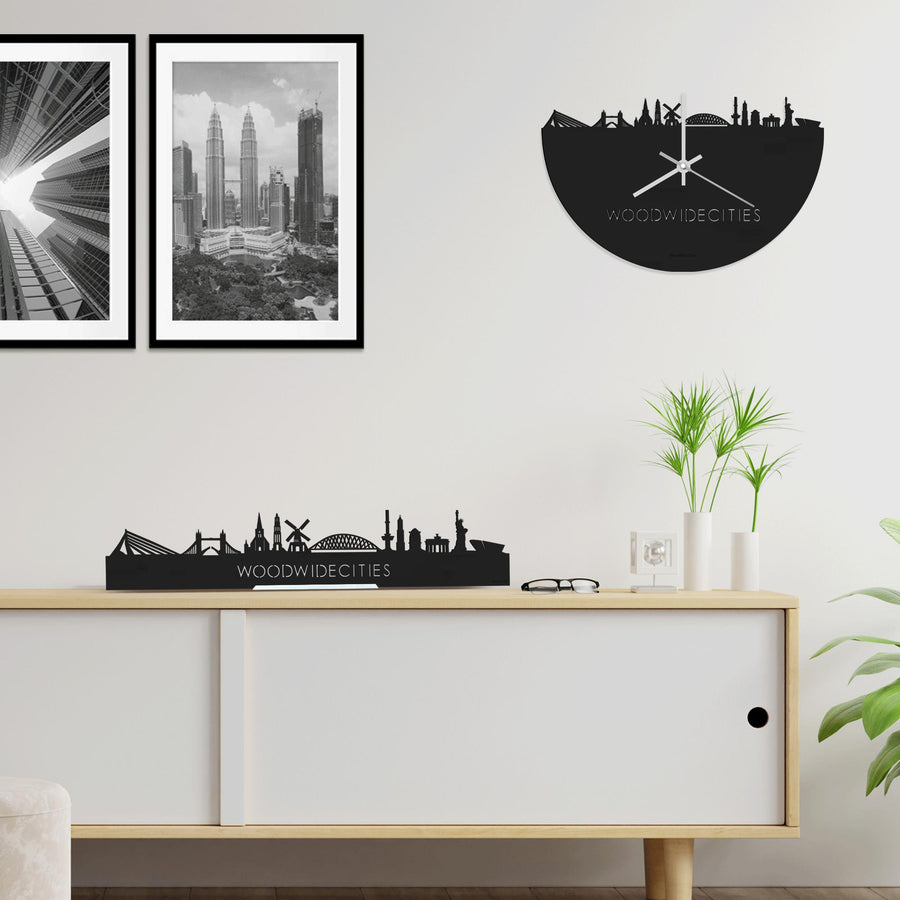 Skyline Klok WoodWideCities Black houten cadeau wanddecoratie relatiegeschenk van WoodWideCities
