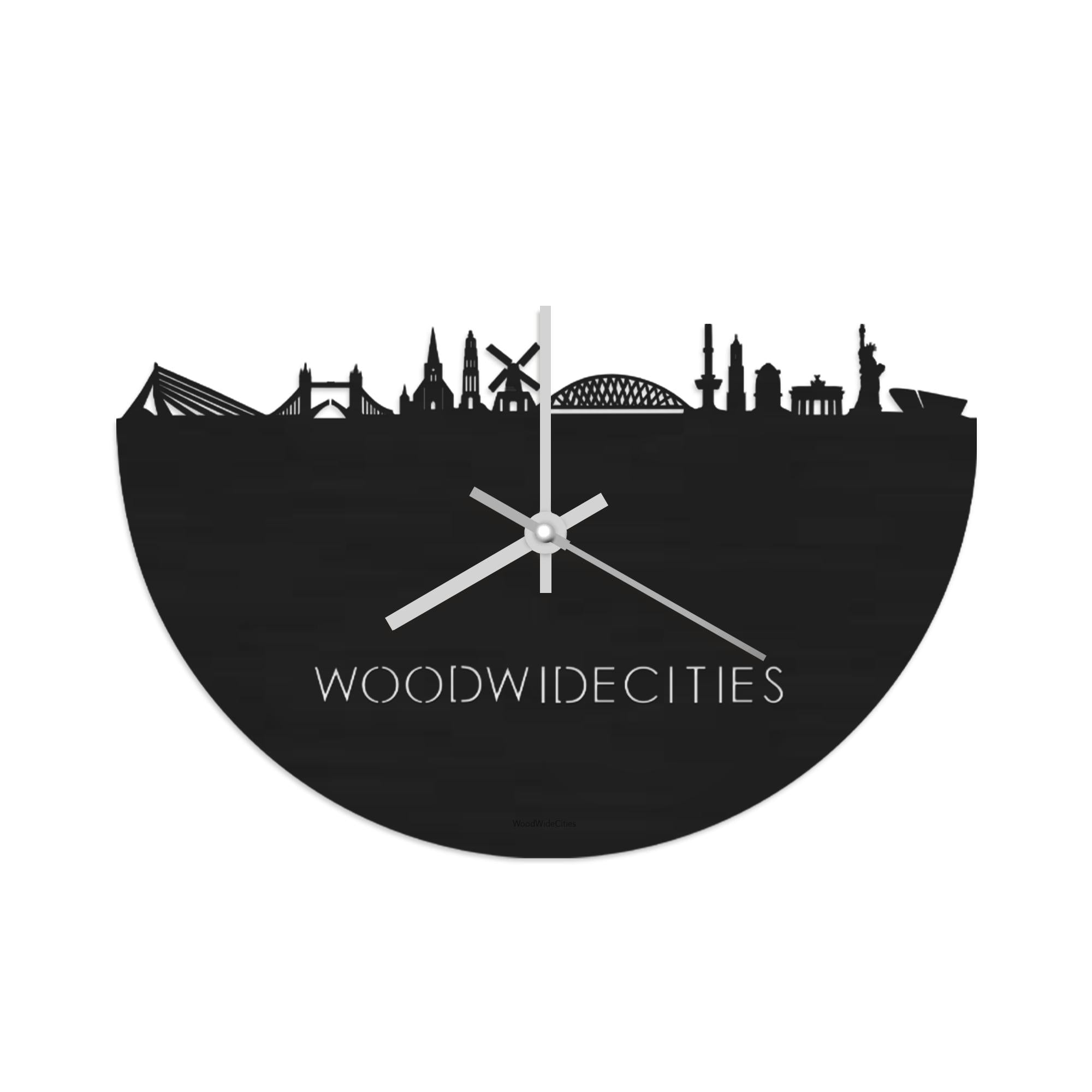 Skyline Klok WoodWideCities Black Zwart  houten cadeau wanddecoratie relatiegeschenk van WoodWideCities