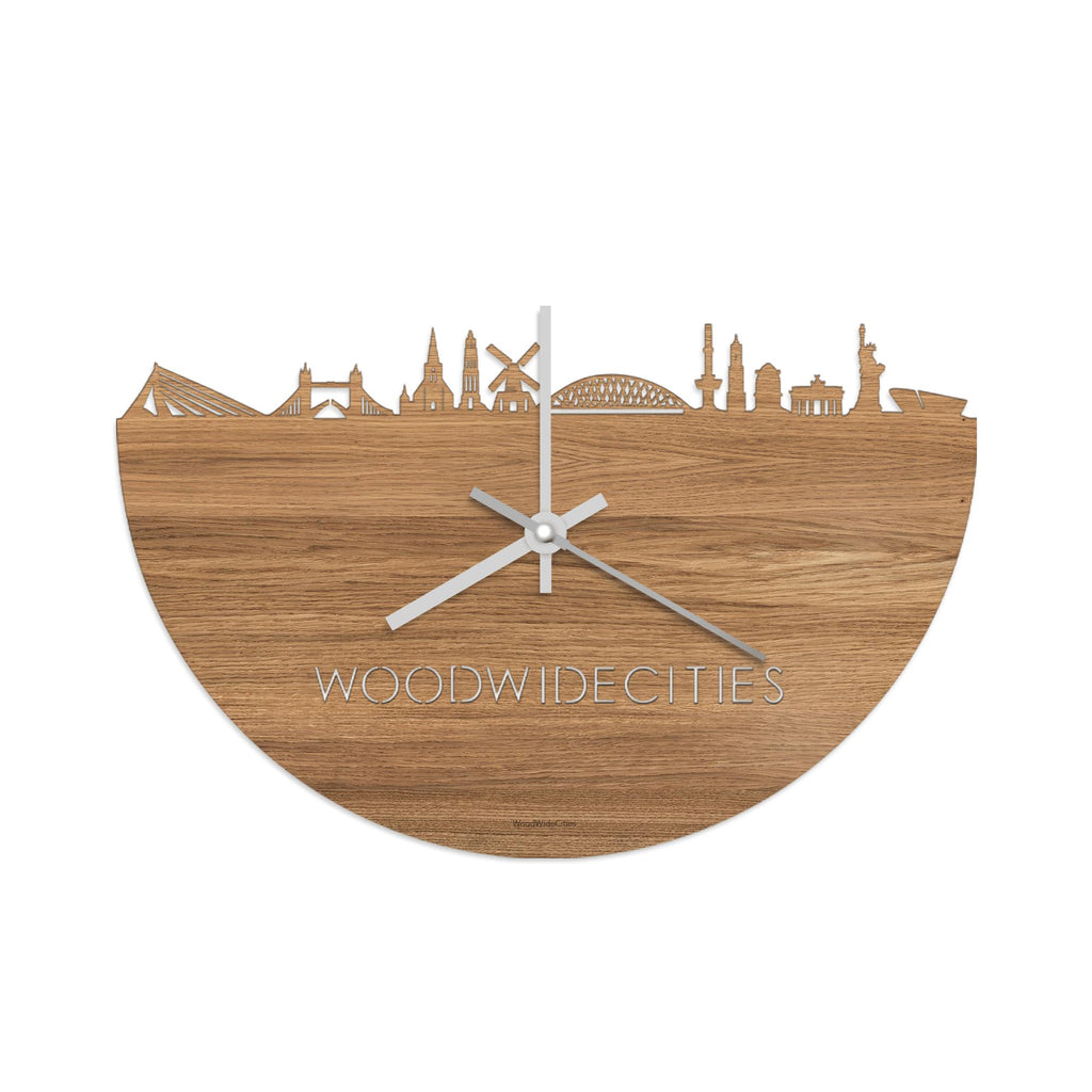 Skyline Klok WoodWideCities Eiken Eiken  houten cadeau wanddecoratie relatiegeschenk van WoodWideCities