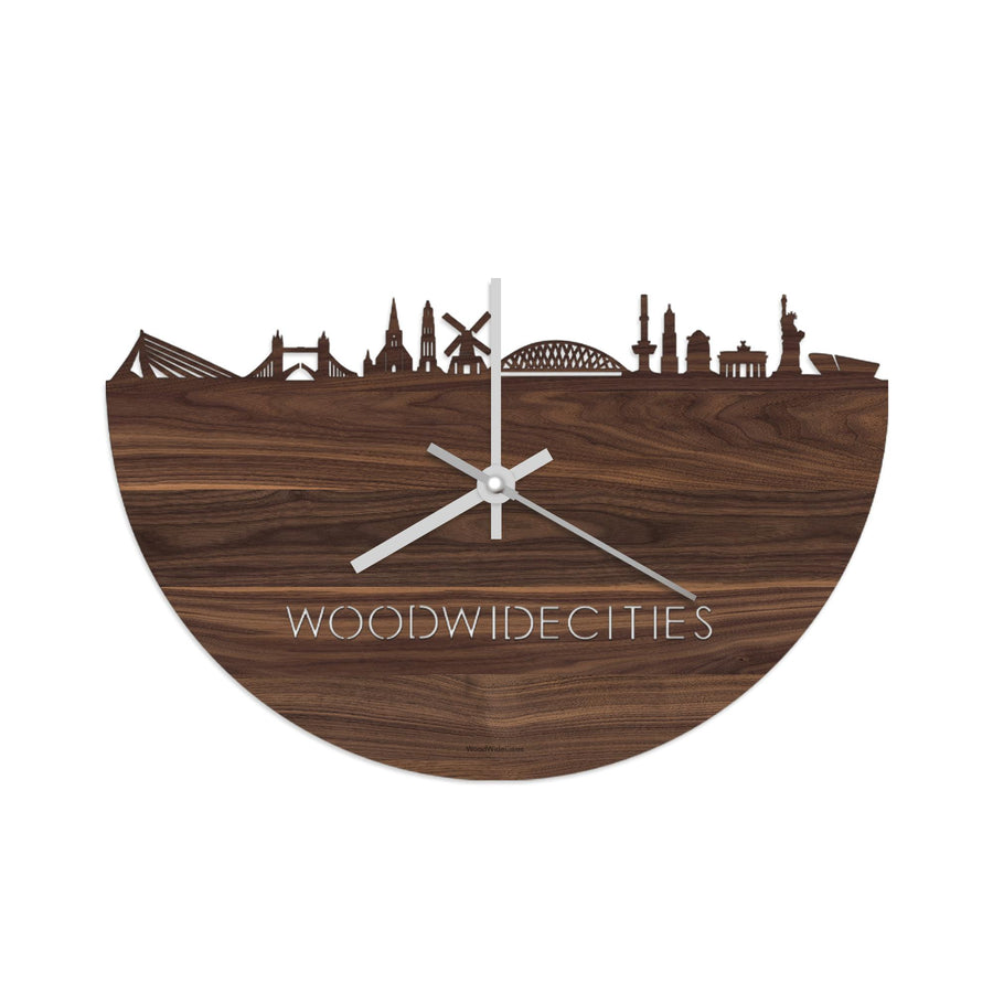 Skyline Klok WoodWideCities Noten Noten  houten cadeau wanddecoratie relatiegeschenk van WoodWideCities